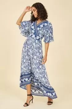 Blue Border Floral Print Wrap High Low Maxi Dress