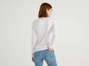 Benetton, Long Sleeve Pure Cotton T-Shirt, taglia S, White, Women