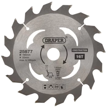 Draper - 25877 TCT Cordless Construction Circular Saw Blade for Wood & Composites 165 x 20mm 16T