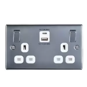 British General Double 13A Switched Socket With USB X2 & White Inserts