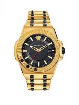Versace Chain Reaction Black And Gold Ip Date Dial Two Tone Stainless Steel Bracelet Mens Watch