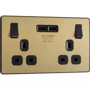 BG Evolve Brushed (Black Ins) Double Switched 13A Power Socket + 2 X USB (3.1A) in Brass Steel