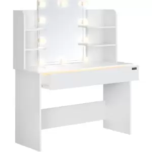 Casaria Dressing Table Lucia LED Light Makeup Mirror 140x40cm Cosmetic Desk 3 Compartments Wood White Bedroom Vanity 108x40x140cm weiß mit LED (de)
