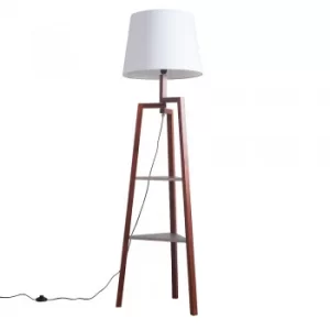 Towa Dark Wood Tripod Floor Lamp with Shelves and XL White Aspen Shade