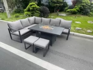 Aluminum Outdoor Garden Furniture Corner Sofa Gas Fire Pit Table Sets 2 Stools Gas Heater Burner Dark Grey 8 Seater