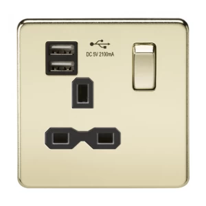 KnightsBridge 13A 1G Screwless Polished Brass 1G Switched Socket with Dual 5V USB Charger Ports - Black Insert