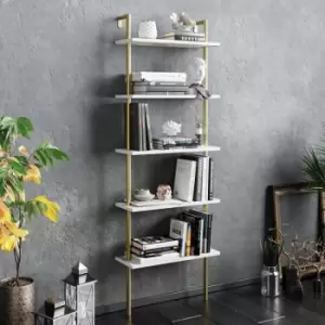 Decorotika Paula 5-Tier Modern Decorative Bookshelf, Multifunctional Shelving Unit For Living Room, Bedroom, Kitchen - White Marble Effect And Gold