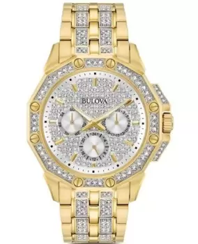 Bulova Crystal Silver Dial Yellow Gold Tone Stainless Steel Mens Watch 98C126 98C126