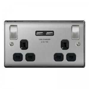 Masterplug Brushed Steel Switched 13A Double Socket + 2 x USB Port Insert