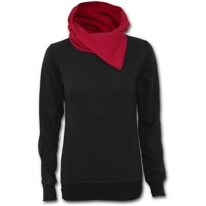 Urban Fashion Shawl Neck Red Hood Kangaroo Womens Large Top - Black