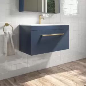 800mm Blue Wall Hung Vanity Unit with Basin and Brushed Brass Handle - Ashford