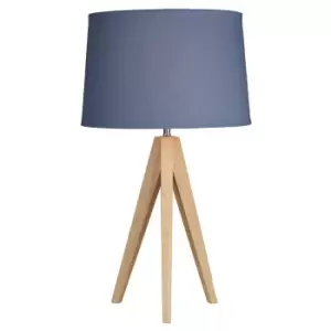 Scandi Wooden Tripod Table Lamp with Denim Shade