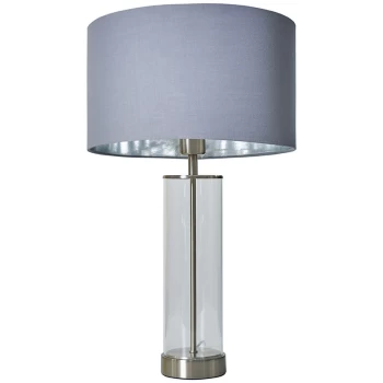 Brushed Chrome & Clear Tube Table Lamp With Large Lampshade - Grey & Chrome