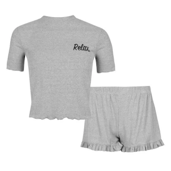 Fabric Waffle Cotton Frilly Shorts Pyjama Set with Relax Slogan - Grey/Nude