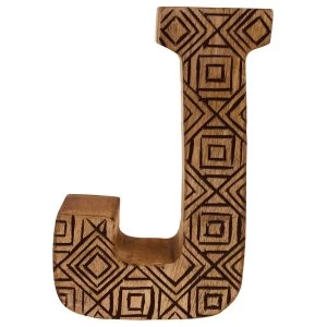 Letter J Hand Carved Wooden Geometric