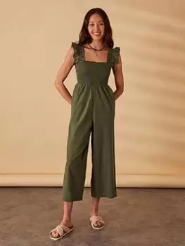 Accessorize Khaki Texture Frill Shoulder Jumpsuit, Green, Size 12, Women