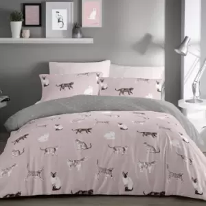 Fusion Cats Blush Reversible Duvet Cover and Pillowcase Set Pink