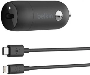 Belkin USB C type c 15w Car Charger With USB A Pass Through charge Two Devices Black