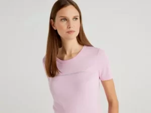 Benetton, T-Shirt In 100% Cotton With Glitter Print Logo, taglia M, Pink, Women