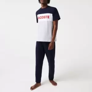 Lacoste Mens Colourblock Stretch Cotton Long Pyjama Set Size 3 - S Grey Chine / Navy Blue / White / Red