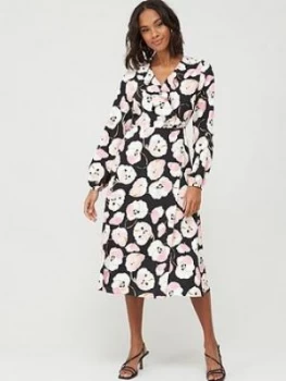 Wallis Abstract Poppy Puff Sleeve Dress - Black, Size 14, Women
