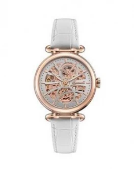 Ingersoll Ingersoll Star Silver And Rose Gold Detail Skeleton Automatic Dial White Leather Strap Ladies Watch