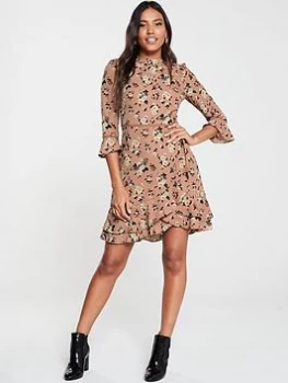 Oasis Rose Print Skater Dress - Tan, Size 12, Women