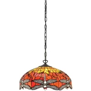 Interiors Dragonfly Flame - 3 Light Medium Ceiling Pendant Bronze, Red, Dragonfly Tiffany Glass, E27