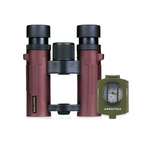 PRAKTICA Pioneer 10x26mm Red Waterproof Roof Prism Binoculars + FREE COMPASS