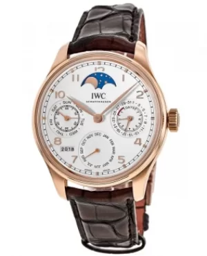 IWC Portugieser Perpetual Calendar 18kt Rose Gold Silver Dial Leather Strap Mens Watch IW503302 IW503302