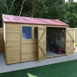 12' x 8' Forest Premium Tongue & Groove Pressure Treated Double Door Reverse Apex Shed (3.65m x 2.52m) - Natural Timber