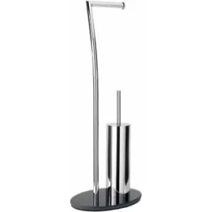 Showerdrape - Free Standing Essence Toilet Roll Holder & Toilet Brush Combo with Oval Black Glass Base - Black/Chrome