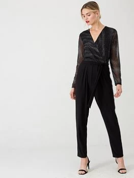 Wallis Sparkle Mesh Sleeve Jumpsuit - Black, Size 16, Women