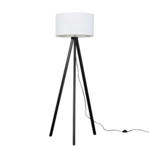 Barbro Dark Wood Tripod Floor Lamp with XL White Reni Shade