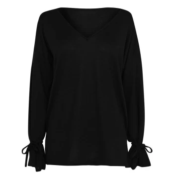 Linea Brushed V Neck Loungewear Jumper With Tie Sleeves - Black