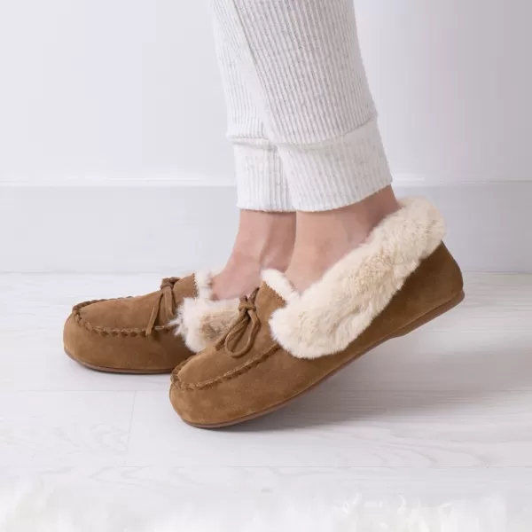 Isotoner Genuine Suede Moccasin with Faux Fur Lining Tan
