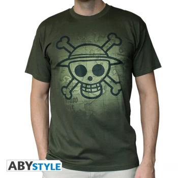 One Piece - Skull With Map Used Mens Medium T-Shirt - Green