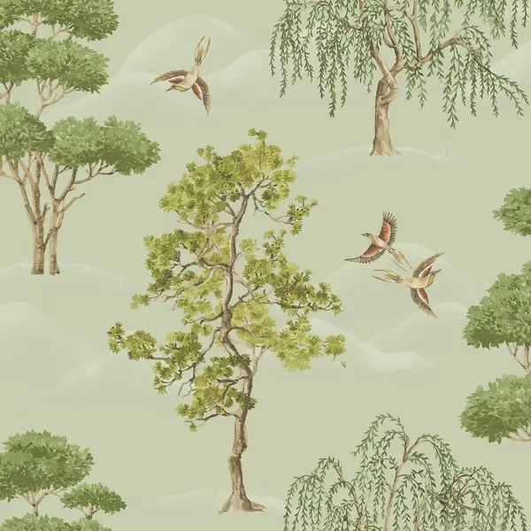 Rasch Maya Willow Woodland Trees Birds Sage Green Wallpaper Nature Feature Wall WL-283876