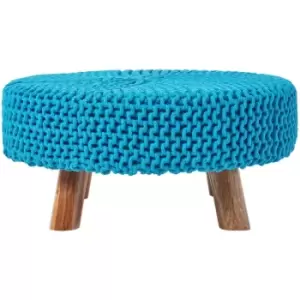 HOMESCAPES Teal Blue Large Round Cotton Knitted Footstool on Legs - Teal Blue
