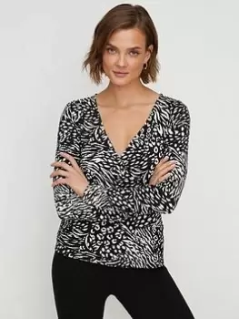 Oasis Animal Jersey Wrap Long Sleeve Top - Black, Size XS, Women