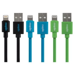 Maplin Premium 0.75m Lightning iPhone Charge Cable 3 Pack - Blue, Green & Black