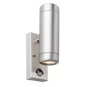 Odyssey PIR Motion Sensor Up Down Wall Lamp Brushed Stainless Steel & Clear Glass IP44