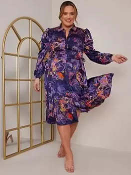 Chi Chi London Curve Plus Size Long Sleeve Neon Abstract Shirt Dress - Navy, Size 26, Women