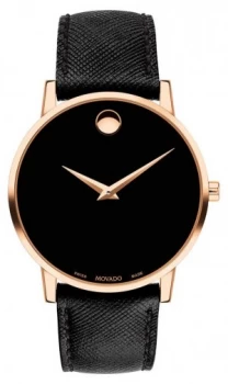 Movado Mens Museum Black Leather Strap Gold Plated Case Watch