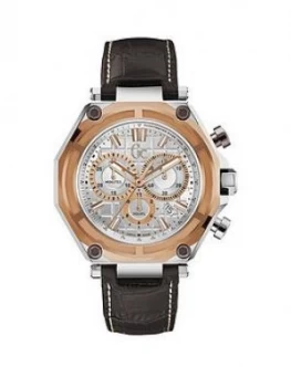 Gc 3 Sport Silver Case Rose Gold Bezel Silver Dial With Brown Leather Strap