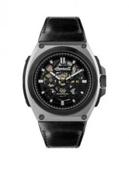 Ingersoll Ingersoll The Motion Black And Silver Detail Skeleton Automatic Dial Black Leather Strap Watch