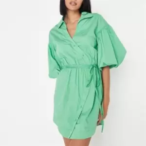 Missguided Asymmetric Button Puff Sleeve Poplin Dress - Green