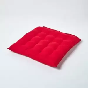 Red Plain Seat Pad with Button Straps 100% Cotton 40 x 40cm - Homescapes
