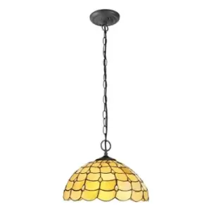 2 Light Downlighter Ceiling Pendant E27 With 40cm Tiffany Shade, Beige, Clear Crystal, Aged Antique Brass - Luminosa Lighting