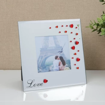 4" x 4" - Glass Photo Frame with Red Diamante Hearts - LOVE